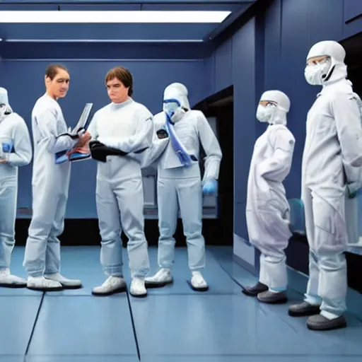 Prompt: troop jack black clones with white bob hairdos, tight light blue and lavender neopren suits, standing next to tall scientist looking at a clipboard, futuristic cloning facility, sci - fi, highly detailed, cinematic