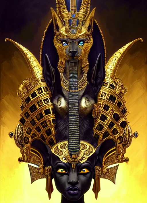 Image similar to angry god anubis, growling jackal with egyptian headdress and nemes, ornate art nouveau detail, symmetrical portrait, black and gold palette, fantasy, intricate, elegant, highly detailed, colorful, dark colors, dramatic shadow, digital painting, artstation, concept art, art by artgerm and greg rutkowski and ruan jia,