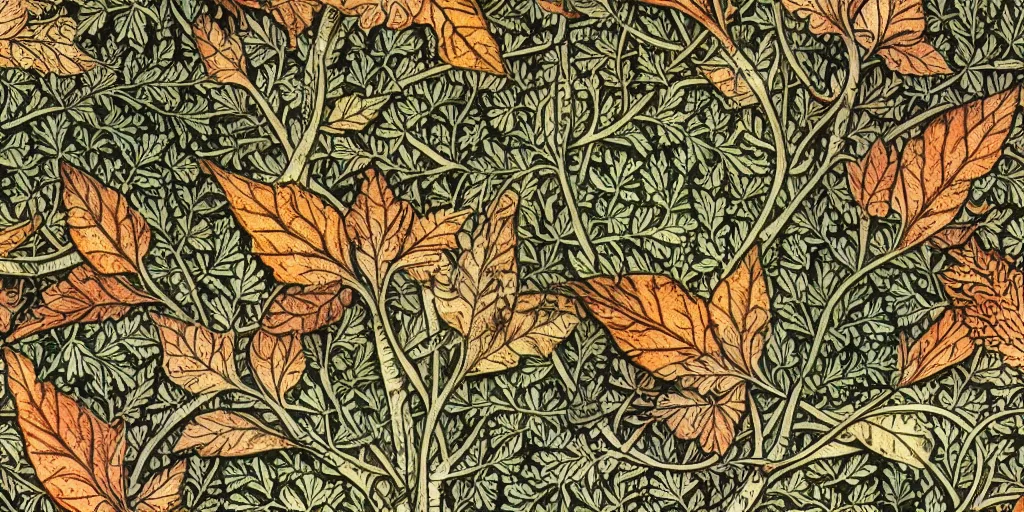 Image similar to breathtaking detailed concept art painting of goddesses of autumn, vintage illustration pattern with bizarre compositions blend of plants and stems and leaves by william morris, exquisite detail, extremely moody lighting, 8 k