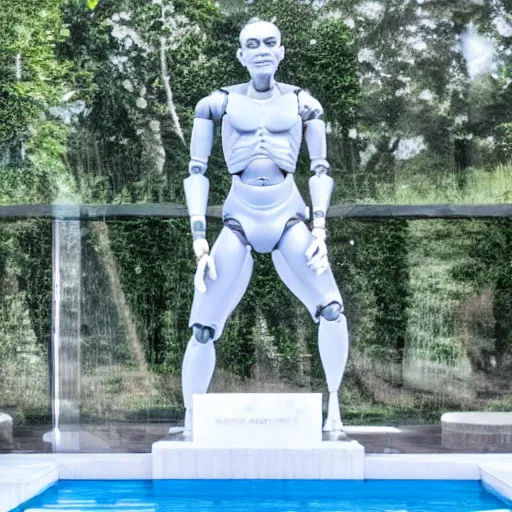 Image similar to a realistic detailed photo of a guy who is an attractive humanoid who is half robot and half humanoid, who is a male android, french actor cyril gossbo, shiny skin, posing like a statue, blank stare, by the pool, on display, showing off his muscles, humanoid robot, frozen ice statue