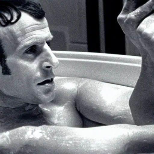 Image similar to Emmanuel macron taking a bath in American Psycho (1999), blur on his body