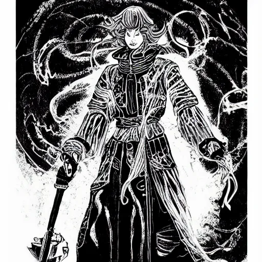 Image similar to black and white pen and ink!!!! aesthetic instagram artstation trending royal! nordic goetic Raiden x Frank Zappa golden!!!! Vagabond!!!! floating magic swordsman!!!! glides through a beautiful!!!!!!! black hole battlefield dramatic esoteric!!!!!! pen and ink!!!!! illustrated in high detail!!!!!!!! by Junji Ito and Hiroya Oku!!!!!!!!! graphic novel published on 2049 award winning!!!! full body portrait!!!!! action exposition manga panel black and white Shonen Jump issue by David Lynch eraserhead and Frank Miller beautiful line art Hirohiko Araki