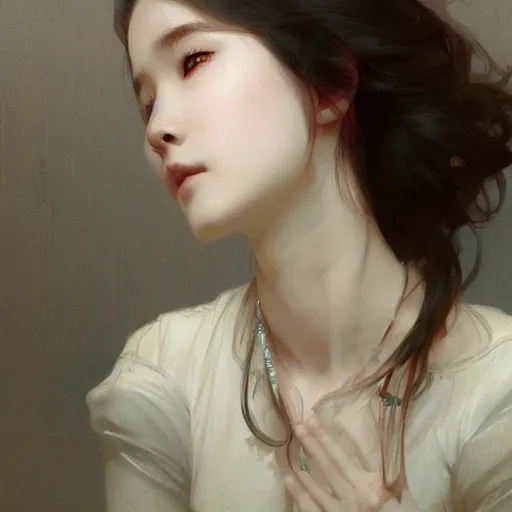 Prompt: IU, Lee Ji-Eun, very detailed, digital art, concept art, studio quality, ethereal, art style by Greg Rutkowski and Alphonse Mucha