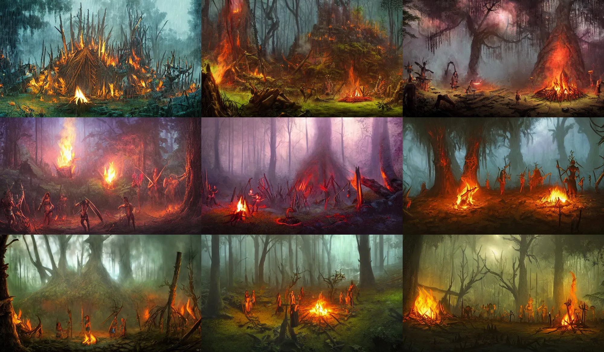 Prompt: ritualistic barbarian ceremony in a rain forest clearing, twilight, ominous bonfire with smoke emanating, style of Tyler Edlin, style of Tim White