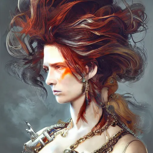 Image similar to portrait, headshot, insanely nice professional hair style, dramatic hair color, digital painting, of a old 17th century, old cyborg merchant, amber jewels, baroque, ornate clothing, scifi, realistic, hyperdetailed, chiaroscuro, concept art, art by Franz Hals and Jon Foster and Ayami Kojima and Amano and Karol Bak,