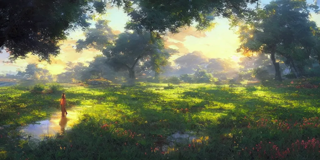 Image similar to an extraordinarily beautiful oil painting of a landscape in spring during sunrise ; lush vegetation ; the most beautiful painting in the world ; by makoto shinkai and craig mullins and salvador dali