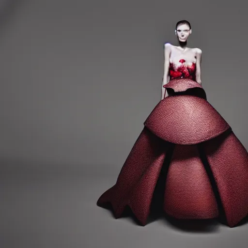 Prompt: photo from below of a fashion model, luxury dress inspired by dragon fruit, official dior editorial, highly detailed