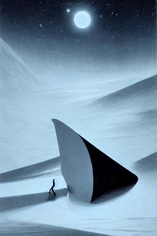 Image similar to emissary mountain space by arthur haas and bruce pennington and john schoenherr, cinematic matte painting, zaha hadid building, photo realism, snowfall, dark monochrome color palate, small woman silhouette for scale