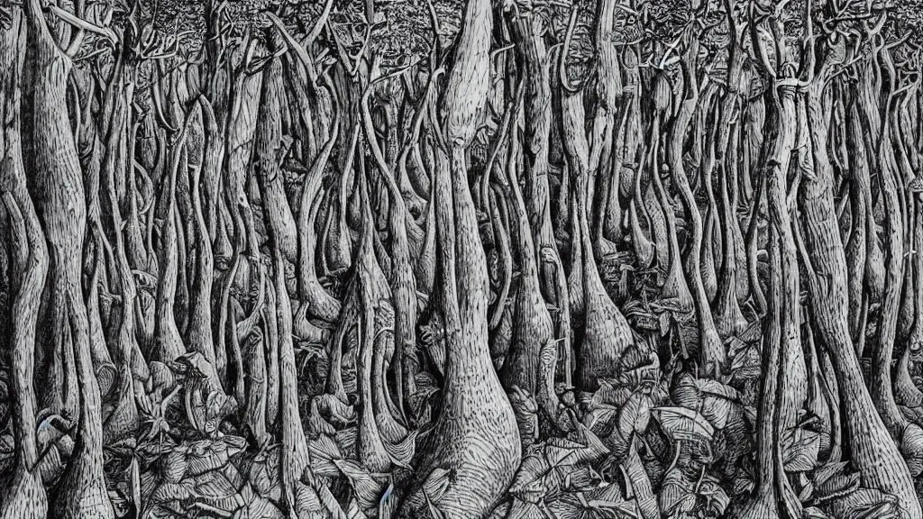 Prompt: a forest of giant thumbs, by escher and chris van allburg, fine inking lines, surreal fantasy