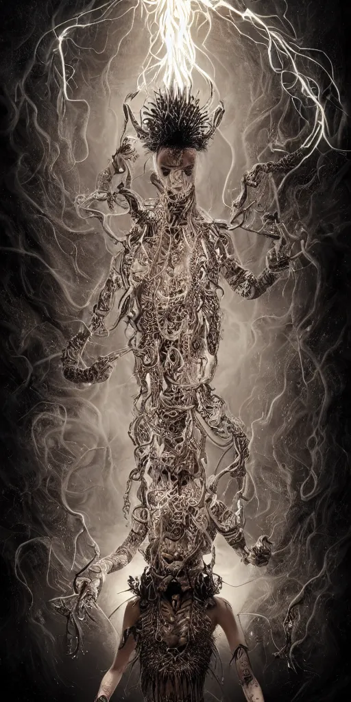 Image similar to centered full body and head , spiked black hair character design of realistic asian Sumerian Death Goddess ivory skin runic icons + mystical symbols, with small bleached bones covering vest and flowing electricity and smoke , fantasy, intricate, elegant, highly detailed , peter mordenbacher,Mike Winkelmann, ultra realistic, intricate, epic lighting, 8k , unreal engine 5, ultraviolet colors