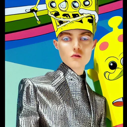 Image similar to close up of a SpongeBob fashion model in year 3000 in art-deco entrance hall, model wearing a huge surreal Avant-garde helmet that looks like ingold, photography , official Versace editorial , highly detailed