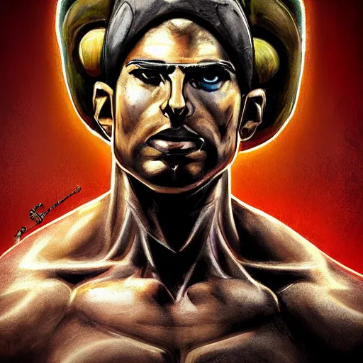 Prompt: handsome portrait of a spartan guy bodybuilder posing, radiant light, caustics, war hero, style of vento aureo cover art, style of stone ocean cover art, style of steel ball run cover art, ilya kuvishinov style, illustrated by hirohhiko araki