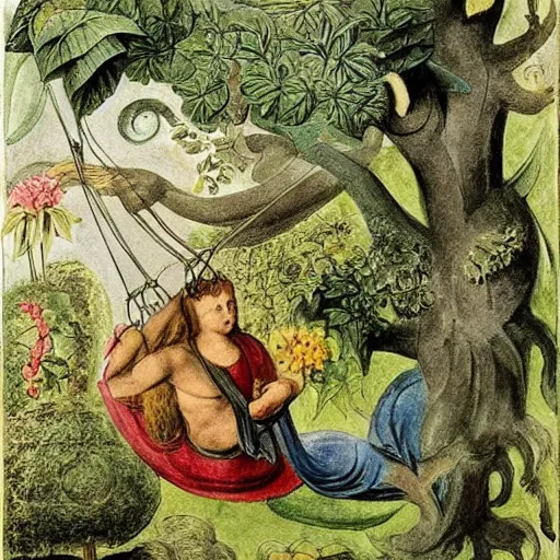 Prompt: a wild and wonderful garden, full of flowers and strange creatures, as seen from a swing hanging from a tree. art styles : renaissance, romanticism. artists : william blake, leonardo da vinci.