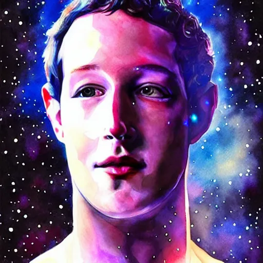 Image similar to alien extraterrestrial zuckerberg in space. watercolor. dramatic. amazing painting. formal. beautiful. high resolution. highly realistic. close - up. trending on artstation