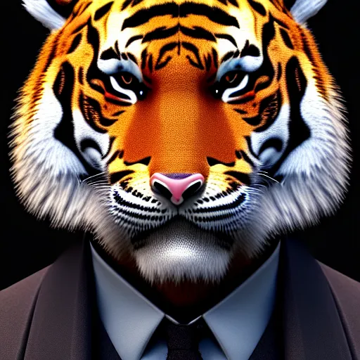 Image similar to portrait of an anthropomorphic tiger wearing a black suit, ultra detail, ultra realistic, soft fur, ssao 8 k, horror