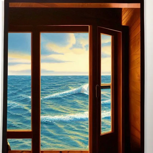 Prompt: a gust of sea air pushed open the door and the ship by jeffrey smith, oil on canvas