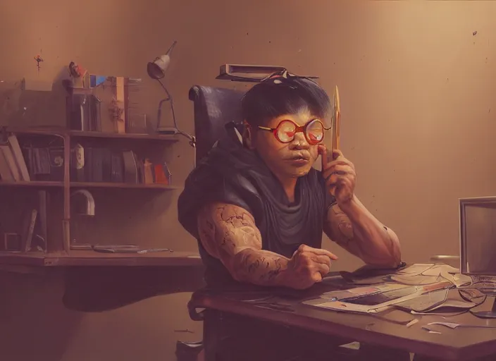 Image similar to an insanely detailed and realistic painting of an asian man wearing a homemade superhero costume, sitting at a desk, staring seriously at the computer and typing, in the style of peter mohrbacher, james jean, artgerm, dramatic lighting and composition, surreal background, octane render, pixar, trending on artstation, concept art, comic book, 8 k