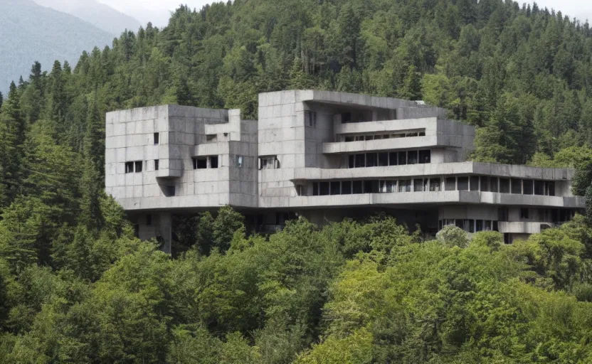 Prompt: massive colossal mega brutalist house on a secluded mountain with trees around