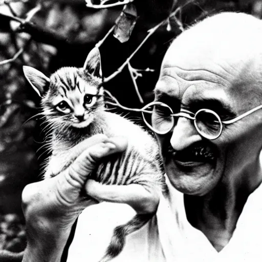 Prompt: Mahatma Ghandi saving a kitten that was stuck in a tree