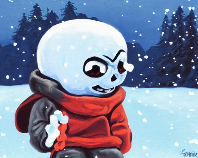 Image similar to oil painting of sans sitting in a mountain during winter