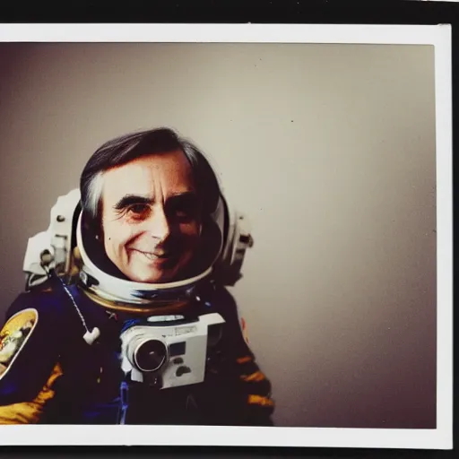 Prompt: polaroid of carl sagan in a spacesuit