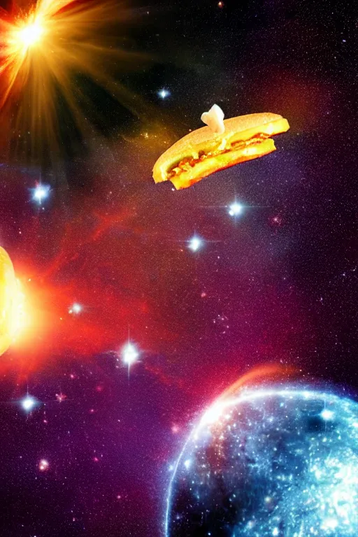 Prompt: a cheeseburger flying apart in space. nebula background. airbrush art, beautiful lighting, chiaroscuro