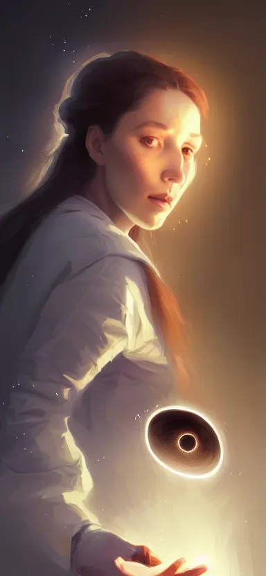 Image similar to a portrait art of a beautiful female scientist in a laboratory holding a small black hole in her hands, inspired art by istvan sandorfi and greg rutkowski, concept art, stylised, elegant, illustration, high quality, highly detailed, long hair, digital art, futuristic art style, artstation