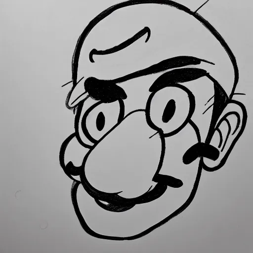 Image similar to continuous single line contour - drawing of waluigi, pen on white paper