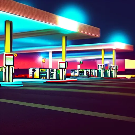 Image similar to a gas station at nighttime, screenshot, extreme long shot, cold lighting, Vaporware style