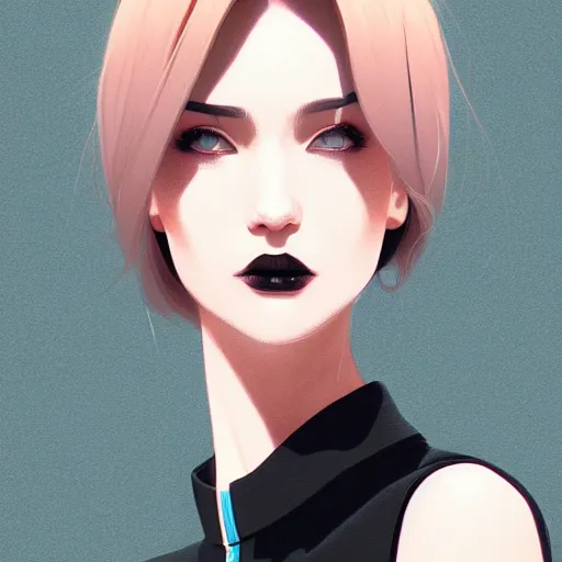 Image similar to young female in black jacket suit, muted colors, matte print, pastel colors, 2d, ultra highly detailed, smooth, sharp focus, digital art, digital painting, fan art, elegant, artstation, head is centered, by Ilya Kuvshinov