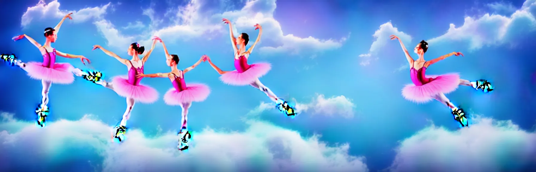 Prompt: two beautiful ballerina girls dancing in the cloud in acrobatic poses; dreamy sky, ultrarealistic, photorealistic, 8K