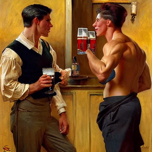 Image similar to drinking their hearts out, in a pub. pants, attractive muscular male with red hair and attractive muscular male with black hair. very defined and highly detailed painting by j. c. leyendecker, gaston bussiere, craig mullins 8 k