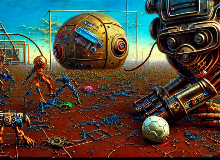 Prompt: junkys playing football, cybertronic gadgets, durty colours, rotten textures, rusty shapes, close - up, biotechnology, dariusz zawadzki, tim hildebrandt, wayne barlow, bruce pennington, larry elmore, oil on canvas, deep depth field, masterpiece, cinematic composition, hyper - detailed, hd, hdr