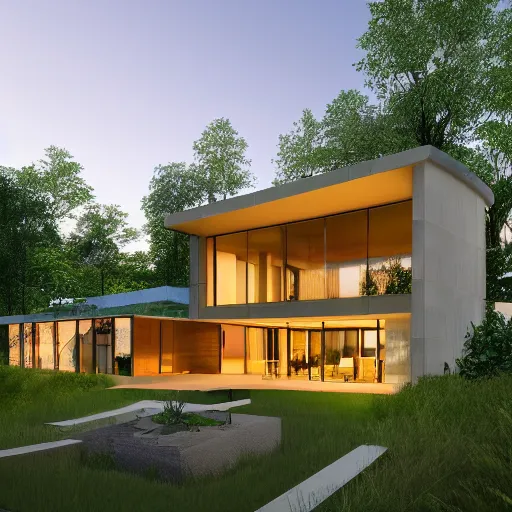 Prompt: contemporary house in the forest, lights inside, foliage, square pool, unreal engine, textures, detailed, realistic