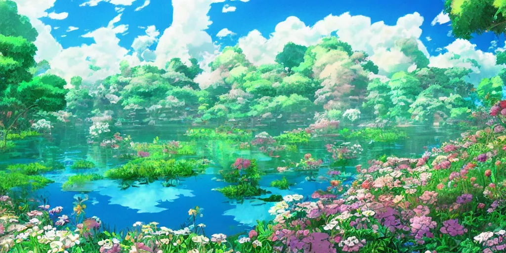 Image similar to a beautiful lake with blooming flowers, fantasy art, 2 d game art, by studio ghibli