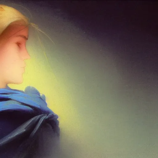 Prompt: a young woman's face, her hair is white and she wears an indigo blue satin cloak, by ivan aivazovsky and syd mead and moebius and gaston bussiere and roger dean and pieter claesz and paul delaroche and aelbert cuyp and willam claesz, hyperrealistic, volumetric light, octane render
