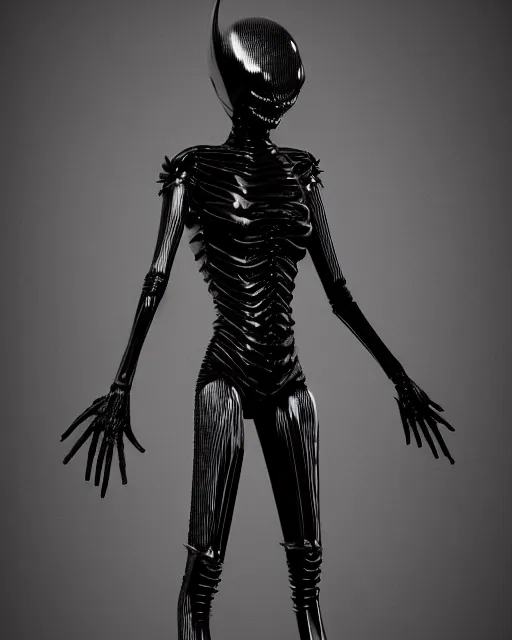 Image similar to H.R. Giger character design, black outfit with metallic and translucent parts. rib-cage is metallic. otherwordly humanoid. that steals faces. full body, render, trending on artstation, unreal engine 4k, detailed, Unreal engine, octane render