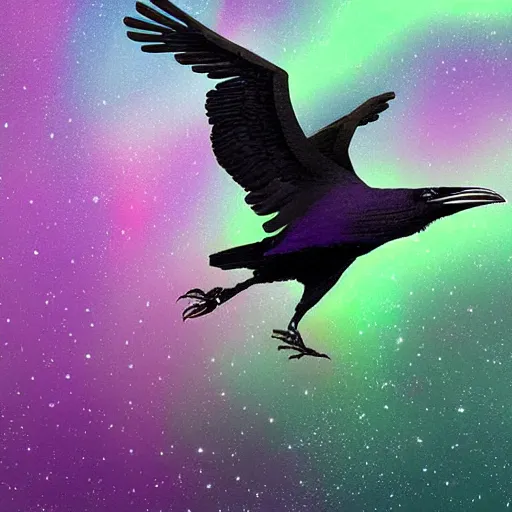 Prompt: detailed digital art, realistic, raven flying through the dark night with a mysterious aurora borealis, by naomi chen, cgsociety