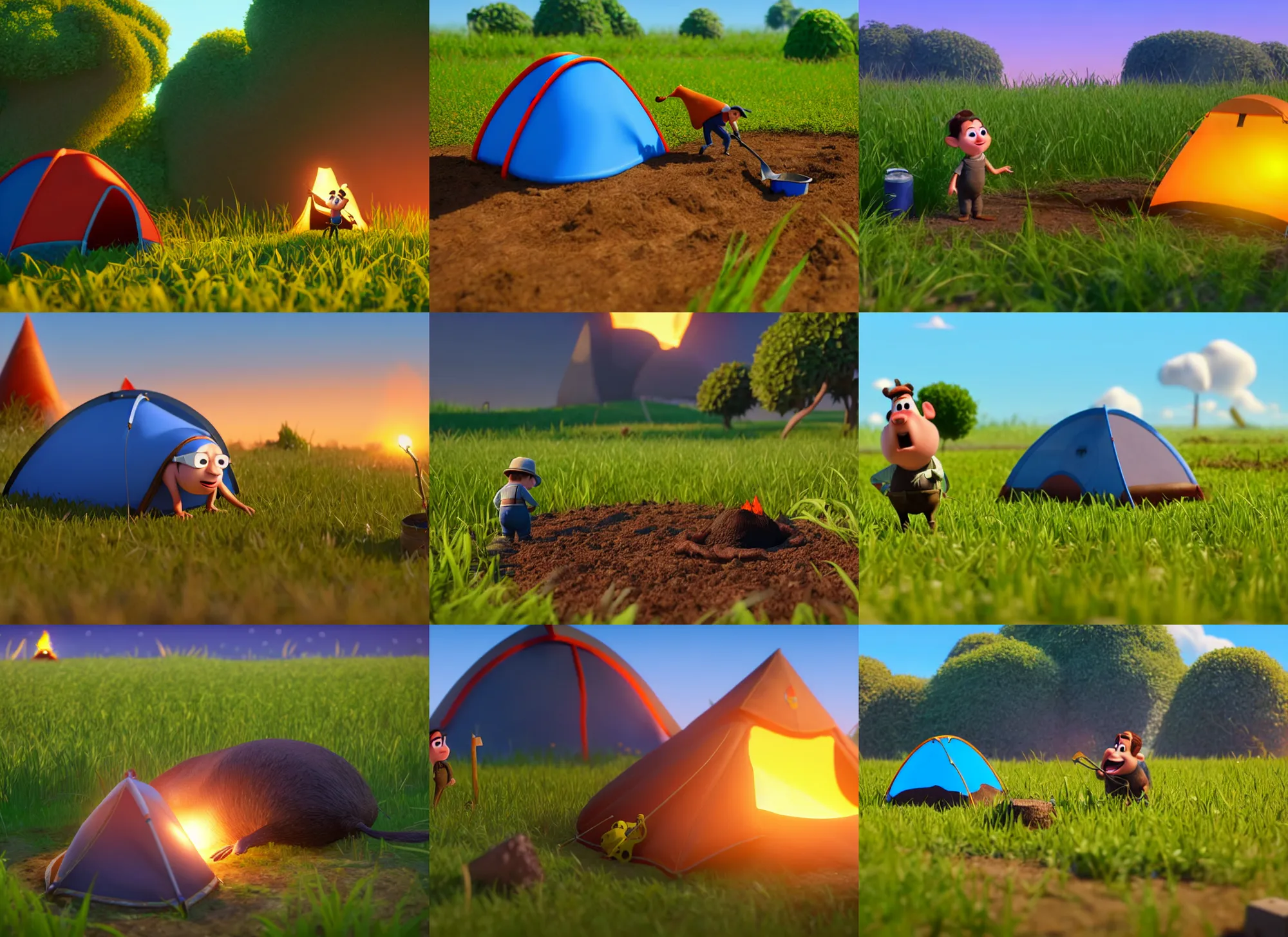 Prompt: a mole digging a hole in farmers field, waist up, pixar and disney animation, sharp, rendered in unreal engine 5, anime key art, camping, sleeping bag