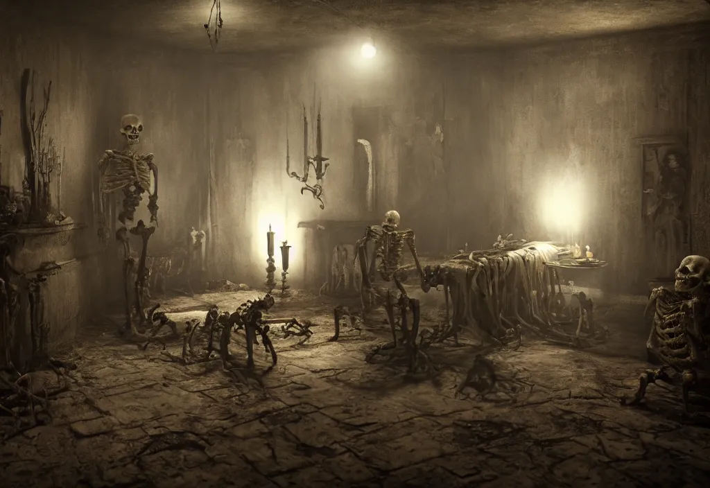 Prompt: eldritch skeleton ghosts in a room of a haunted house. realistic, cinematic lighting, octane tender, dark - art