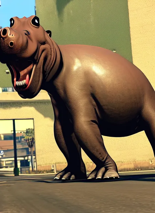 Prompt: an anthropomorphic hippopotamus in GTA5