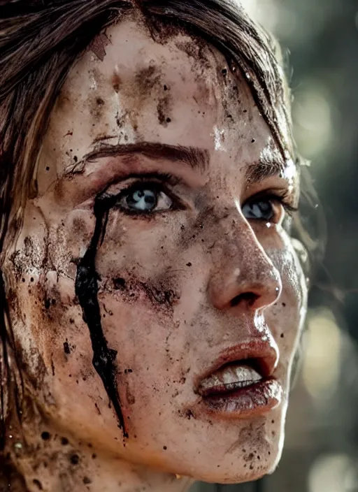 Image similar to a film still of lara croft as cop, her face muddy and sweat, direct sun light, close up potrait, cinematic, subsurface scattering