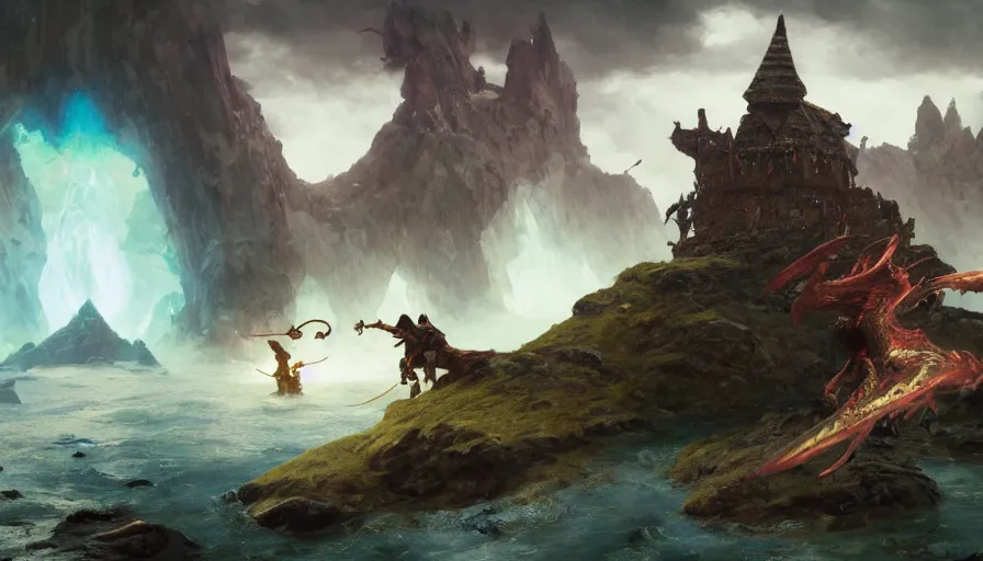 Image similar to floating islands of land group adventurers vikings knight mage fighting dragon epic battle castle good composition correct anatomy artstation 4 k illustration sharp focus, sunlit, painted by ruan jia, raymond swanland, lawrence alma tadema, zdzislaw beksinski, norman rockwell, jack kirby, tom lovell, alex malveda, greg staples