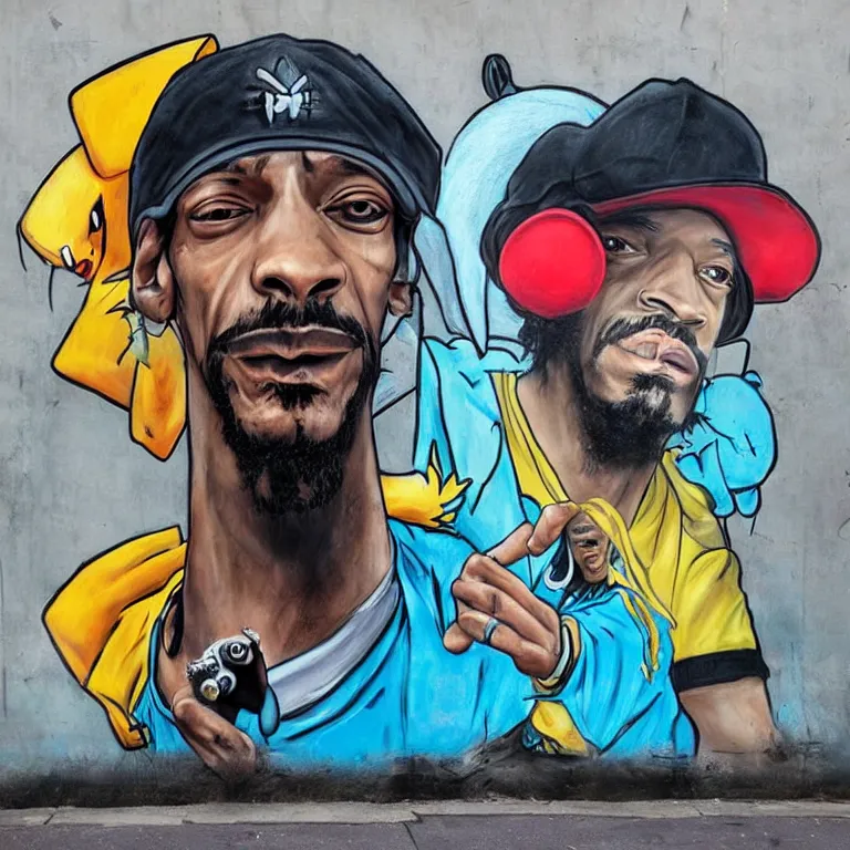 Image similar to Street-art portrait of Snoop Dog as a Pokemon Trainer in style of Banksy, photorealism