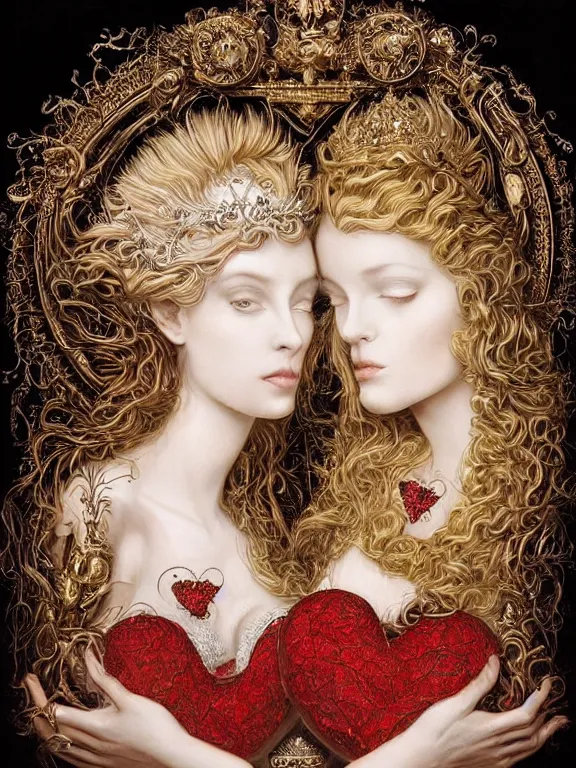 Prompt: a beautiful portrait render of two red veiled queen with baroque symmetry intricate detailed ,heart,pray,love,crystal-embellished,by Daveed Benito,LEdmund Leighton,Virginie Ropars,peter gric,aaron horkey,Billelis,trending on pinterest,hyperreal,gold,silver,ivory,maximalist,glittering,golden ratio,cinematic lighting