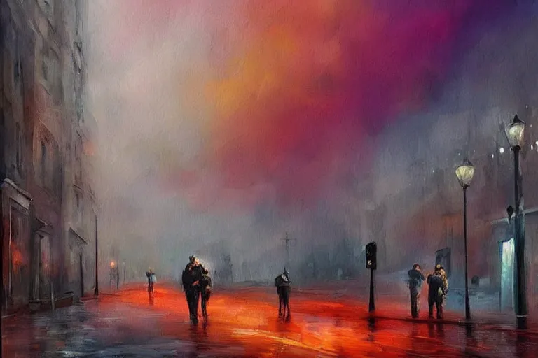 Prompt: amazing landscape painting with moody zealots, crying in the street and unusual colors, random-artist-blend