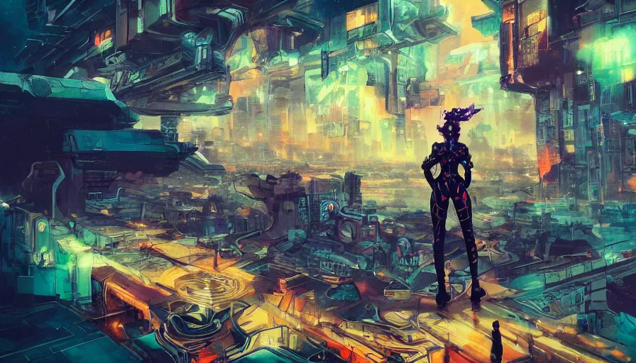 Image similar to psychedelic cyberpunk stylish woman soldier in a dark complex scifi vast detailed city, allegorical style, by peter mohrbacher, jeremy mann, francoise nielly, van gogh, ross tran, beautiful, award winning scenery