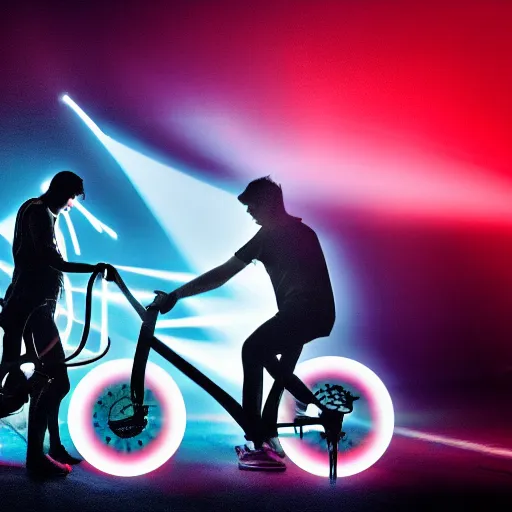 Image similar to two guys using one bicycle as a stroboscope in front of an audience, techno, foggy, dark, intense, rendering, high details