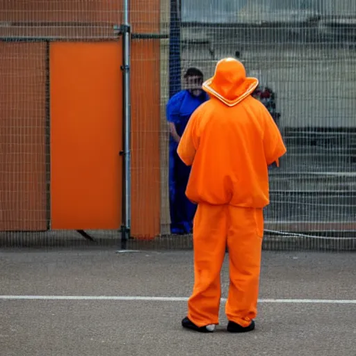 Image similar to inmate with orange suit and using a bee head