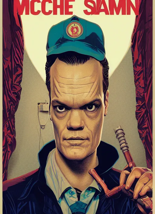 Prompt: poster artwork by Michael Whelan and Tomer Hanuka, Karol Bak of portrait of Michael Shannon!! the local mechanic clerk at the auto store, from Twin Peaks, clean, simple illustration, nostalgic, domestic, full of details